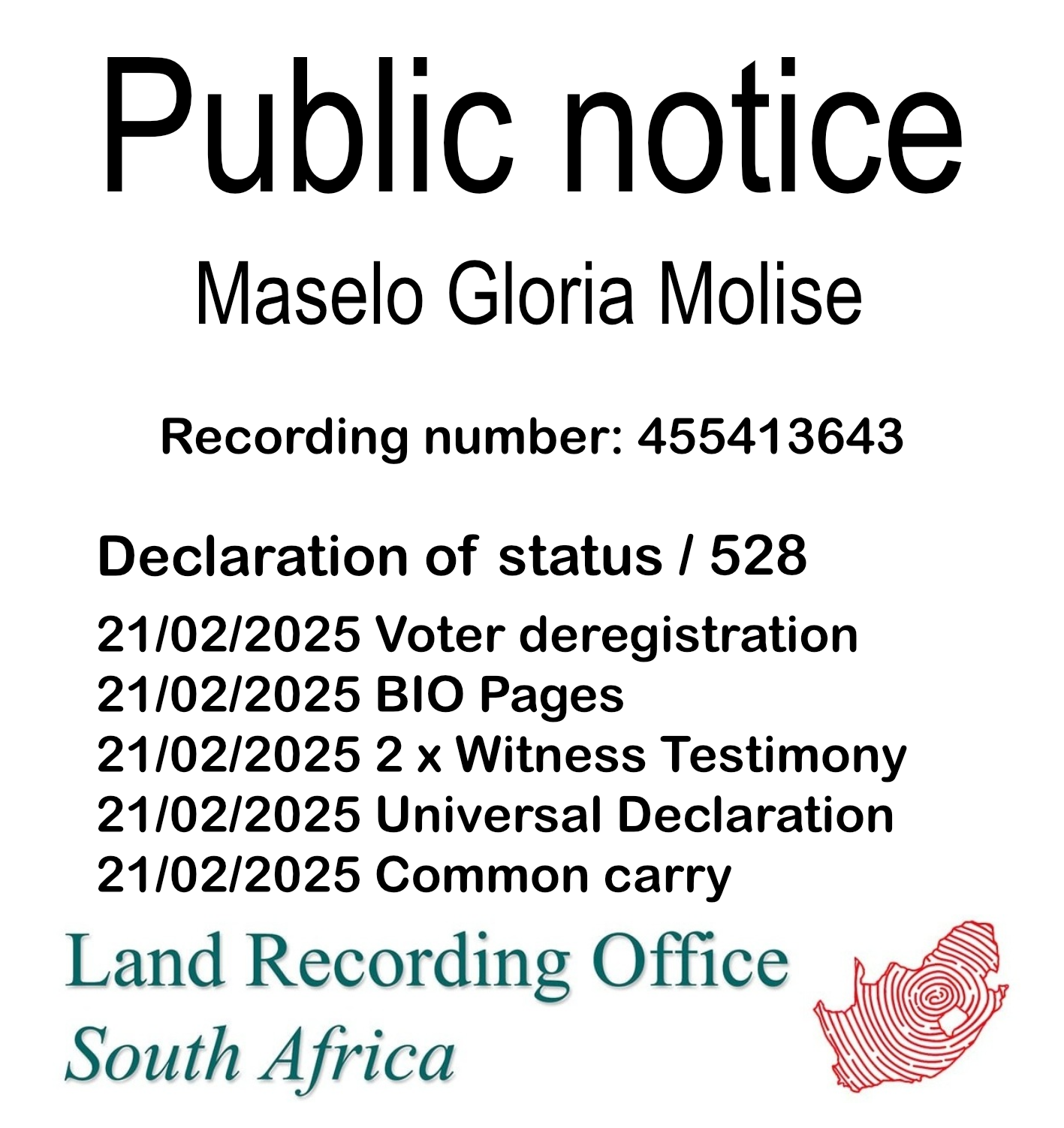 Public Notice Maselo Gloria Molise (c) Recording number 455413643